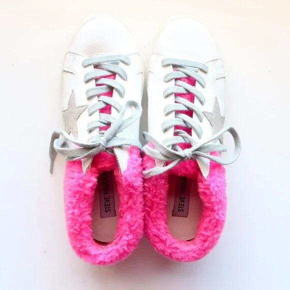 Steve Madden Polaris White Leather & Pink Sherpa Lace-up Star Sneakers Shoes 8 - Picture 7 of 16